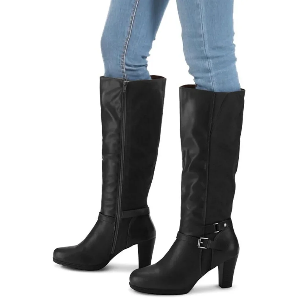 Women's Splicing Black Knee High Imported Chunky Heel Boots With Zipper Shoes - Picture 2 of 6